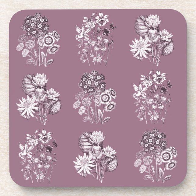 Monochrome flowers in mauve coaster (Front)