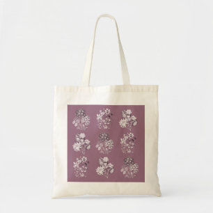Monochrome flowers in mauve tote bag