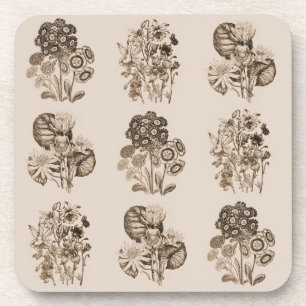 Monochrome flowers in sepia brown coaster