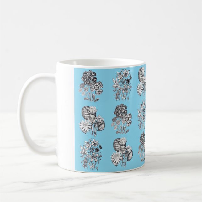 Monochrome flowers on baby blue background coffee mug (Left)