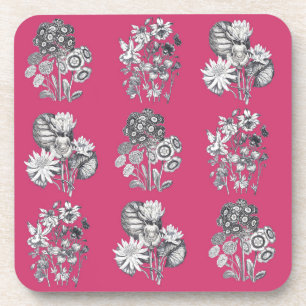Monochrome flowers on cerise background coaster