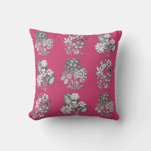 Monochrome flowers on cerise background cushion