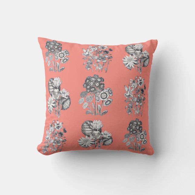 Monochrome flowers on coral background cushion (Front)