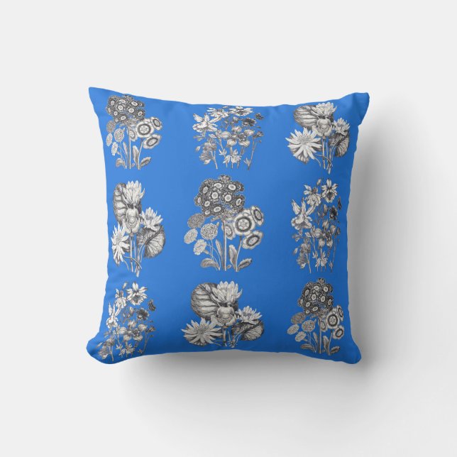 Monochrome flowers on electric blue background cushion (Front)