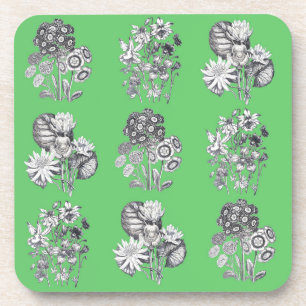 Monochrome flowers on green background coaster