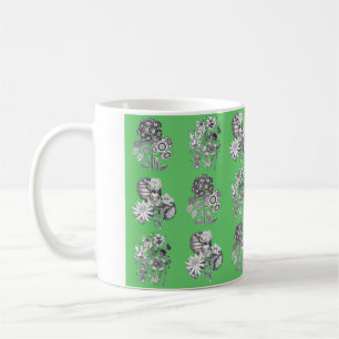 Monochrome flowers on green background coffee mug