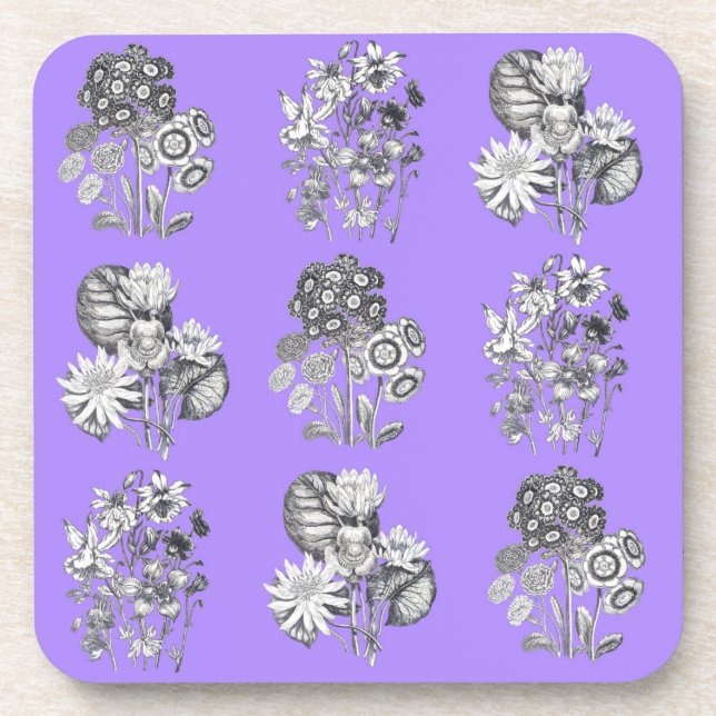 Monochrome flowers on lilac background coaster (Front)