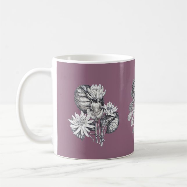 Monochrome flowers on mauve background coffee mug (Left)