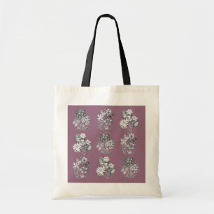 Monochrome flowers on mauve background tote bag