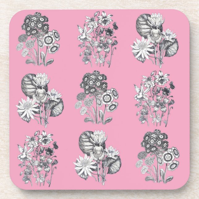 Monochrome flowers on pink background coaster (Front)