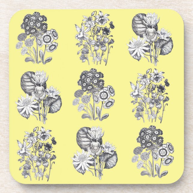 Monochrome flowers on yellow background coaster (Front)