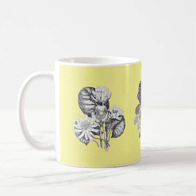 Monochrome flowers on yellow background coffee mug (Left)