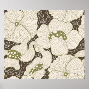 Monochrome flowers outline stylised elegant flower poster