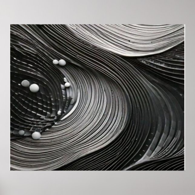 Monochrome Flowing Waves Textured Abstract Poster (Front)