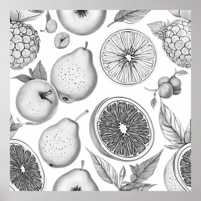 Monochrome Fruit Pattern with Botanical Elements Poster (Front)