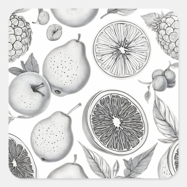 Monochrome Fruit Pattern with Botanical Elements Square Sticker (Front)