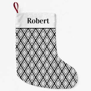 Monochrome Geometric Diamond Pattern with Name Small Christmas Stocking