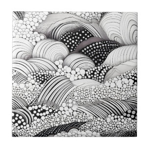 Monochrome Geometric Organic - Black White Art Ceramic Tile
