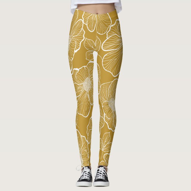 Monochrome Gold Floral: Abstract Seamless Leggings (Front)