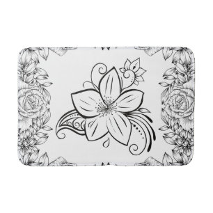 Monochrome Graphic Art, Beautiful Flower Bath Mat