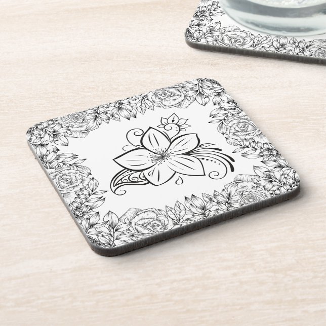Monochrome Graphic Art, Beautiful Flower Coaster (Left Side)