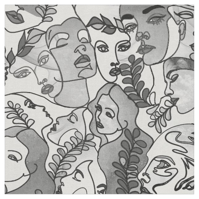 Monochrome Grayscale Faces repeat Fabric (Close Up)