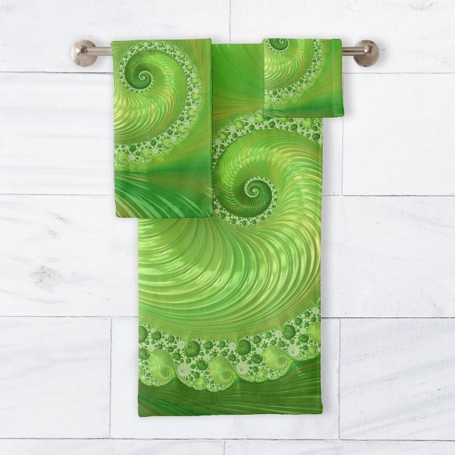 Monochrome Green Spiral Fractal Bath Towel Set (Creator Uploaded)