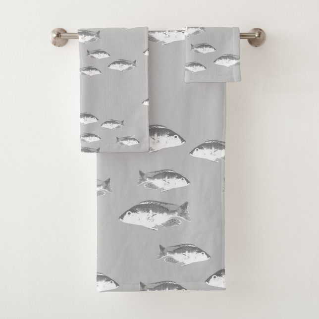 Monochrome grey fish bath towel set (Insitu)
