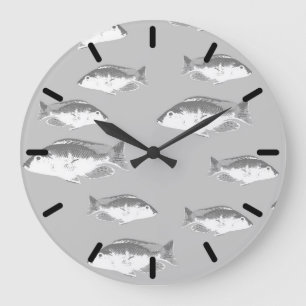 Monochrome grey fish large clock