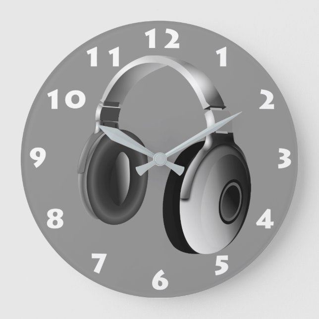 MONOCHROME HEADPHONES WITH WHITE NUMERALS LARGE CLOCK (Front)