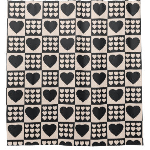 Monochrome Hearts Chequered Modern Shower Curtain