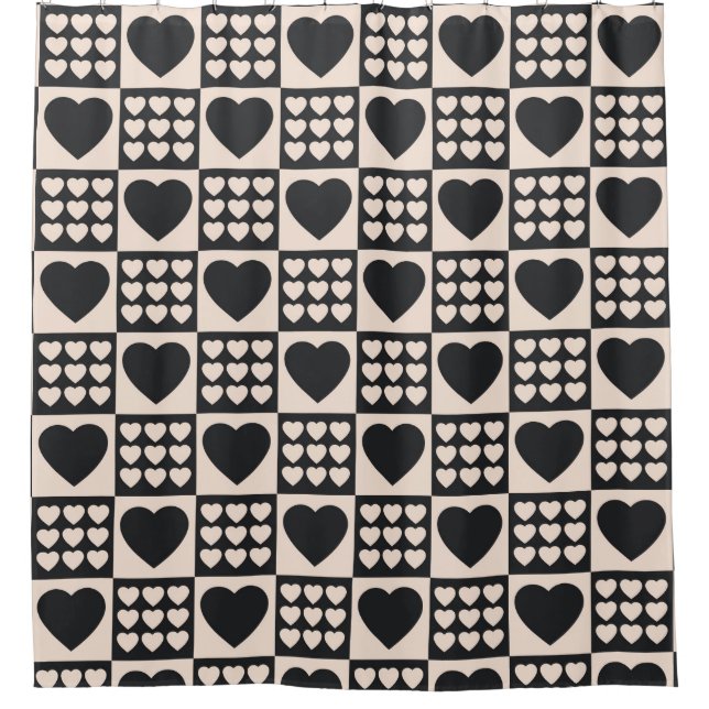 Monochrome Hearts Chequered Modern Shower Curtain (Front)