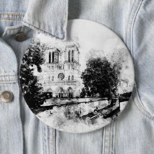 Monochrome Illustration of Notre-Dame Cathedral 6 Cm Round Badge