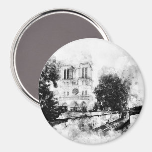 Monochrome Illustration of Notre-Dame Cathedral Magnet