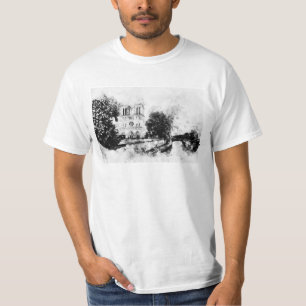 Monochrome Illustration of Notre-Dame Cathedral T-Shirt