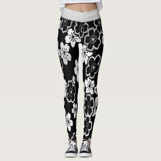 Monochrome Japanese Floral Leggings (Front)