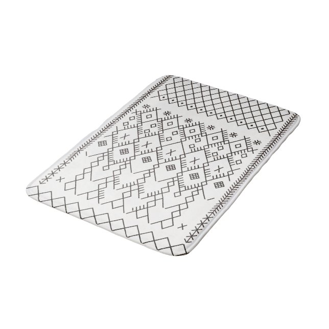 Monochrome Kilim: Moroccan Tribal Texture Art Bath Mat (Angled)