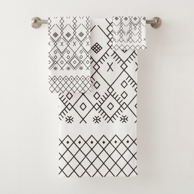 Monochrome Kilim: Moroccan Tribal Texture Art Bath Towel Set (Insitu)