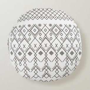 Monochrome Kilim: Moroccan Tribal Texture Art Round Cushion