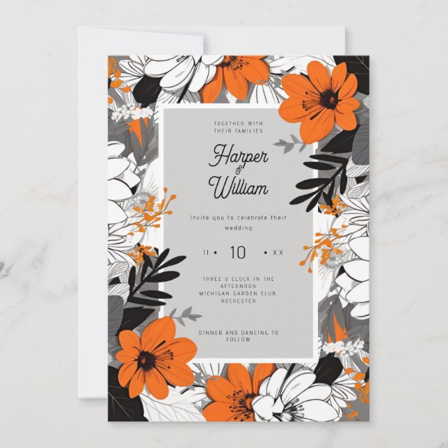 Monochrome line art flowers wedding invitation (Front)
