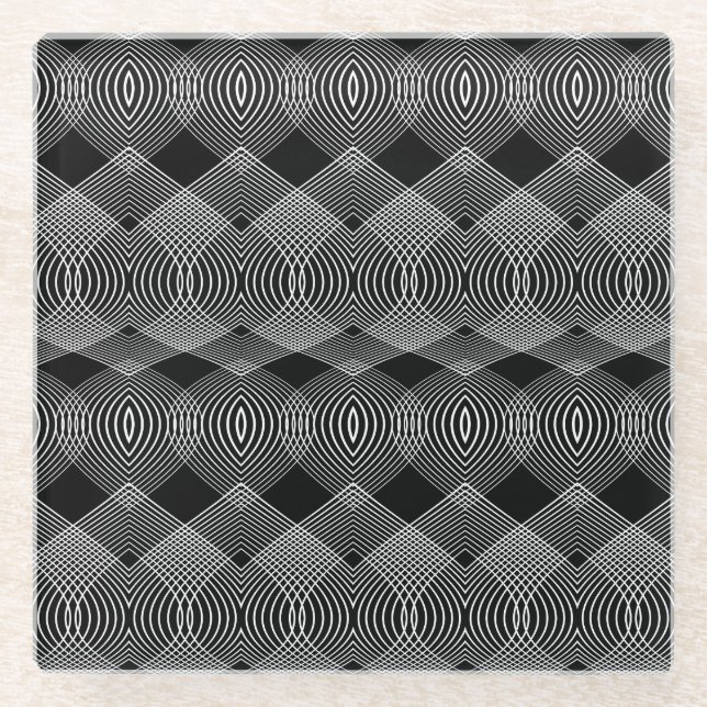 Monochrome Lines: Textured Abstract Design Glass Coaster (Front)