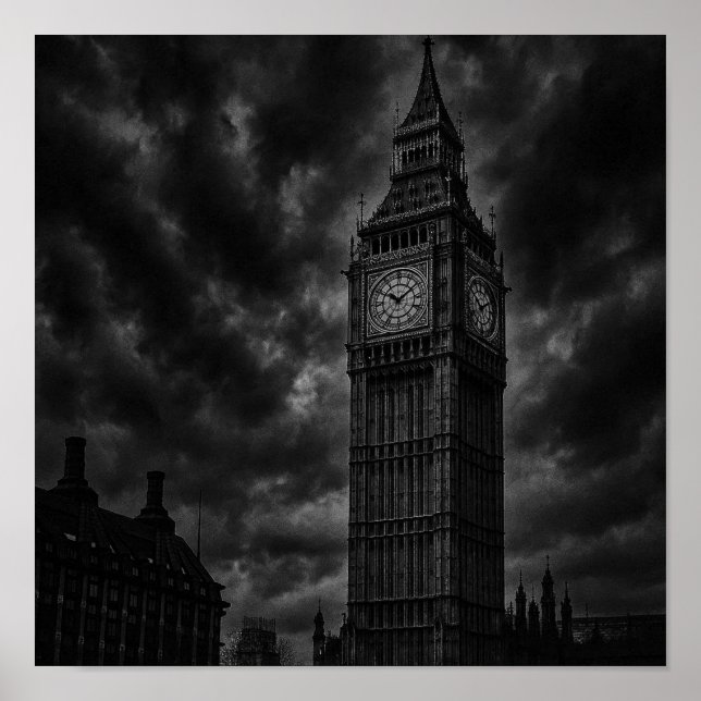Monochrome London Skyline with Big Ben and City  Poster (Front)