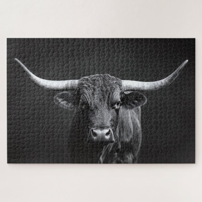 Monochrome Longhorn Steer Cattle Jigsaw Puzzle (Horizontal)