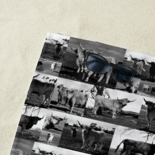 Monochrome Majesty: A Highland Cow Photo Collage Beach Towel