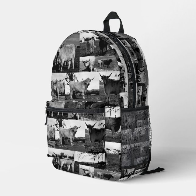 Monochrome Majesty: A Highland Cow Photo Collage Printed Backpack (Back Corner Right)
