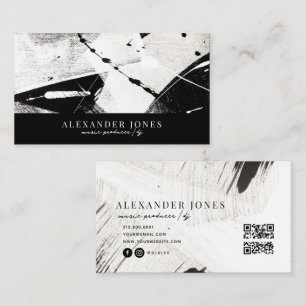 Monochrome Masculine Brush Strokes QR code  Business Card
