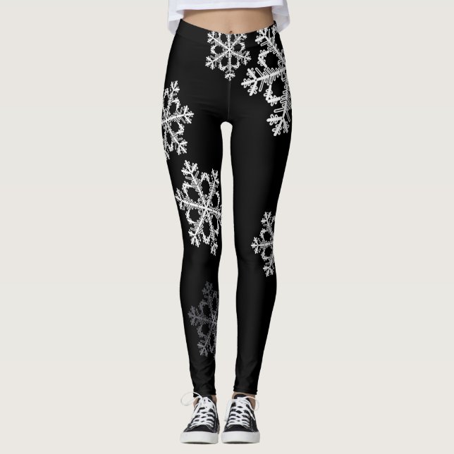 Monochrome Minimalist Snowflake Christmas Pattern Leggings (Front)