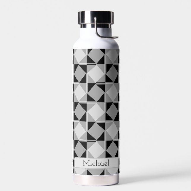 Monochrome Modern Geometric Pattern | Personalised Water Bottle (Left)