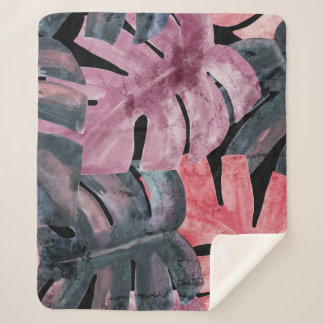 Monochrome Monstera: Watercolor Tropical Pattern. Sherpa Blanket