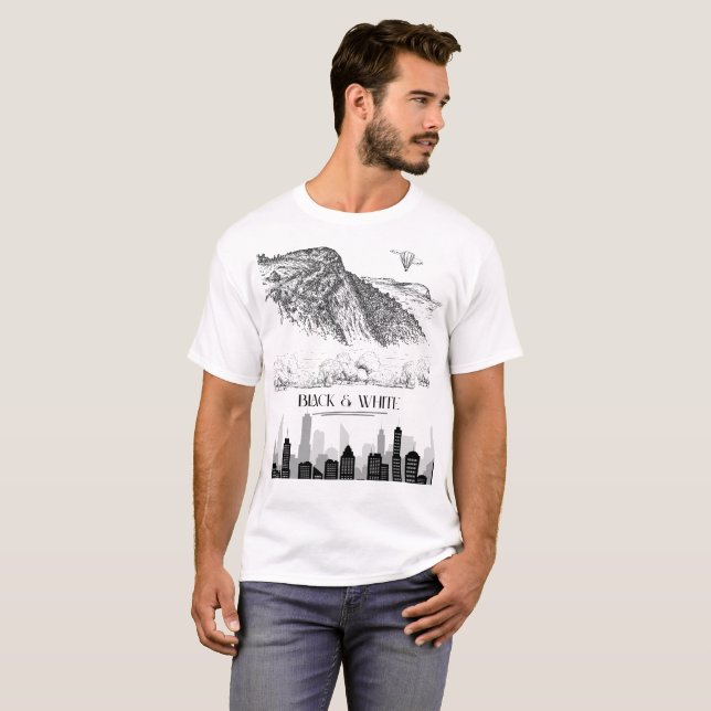 Monochrome Mountain City Skyline Art Black White T-Shirt (Front Full)